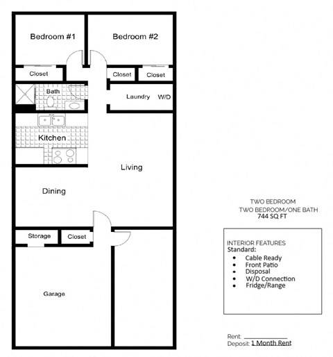 Floor plan for 2 beds, 1 bath, 744 sqft
